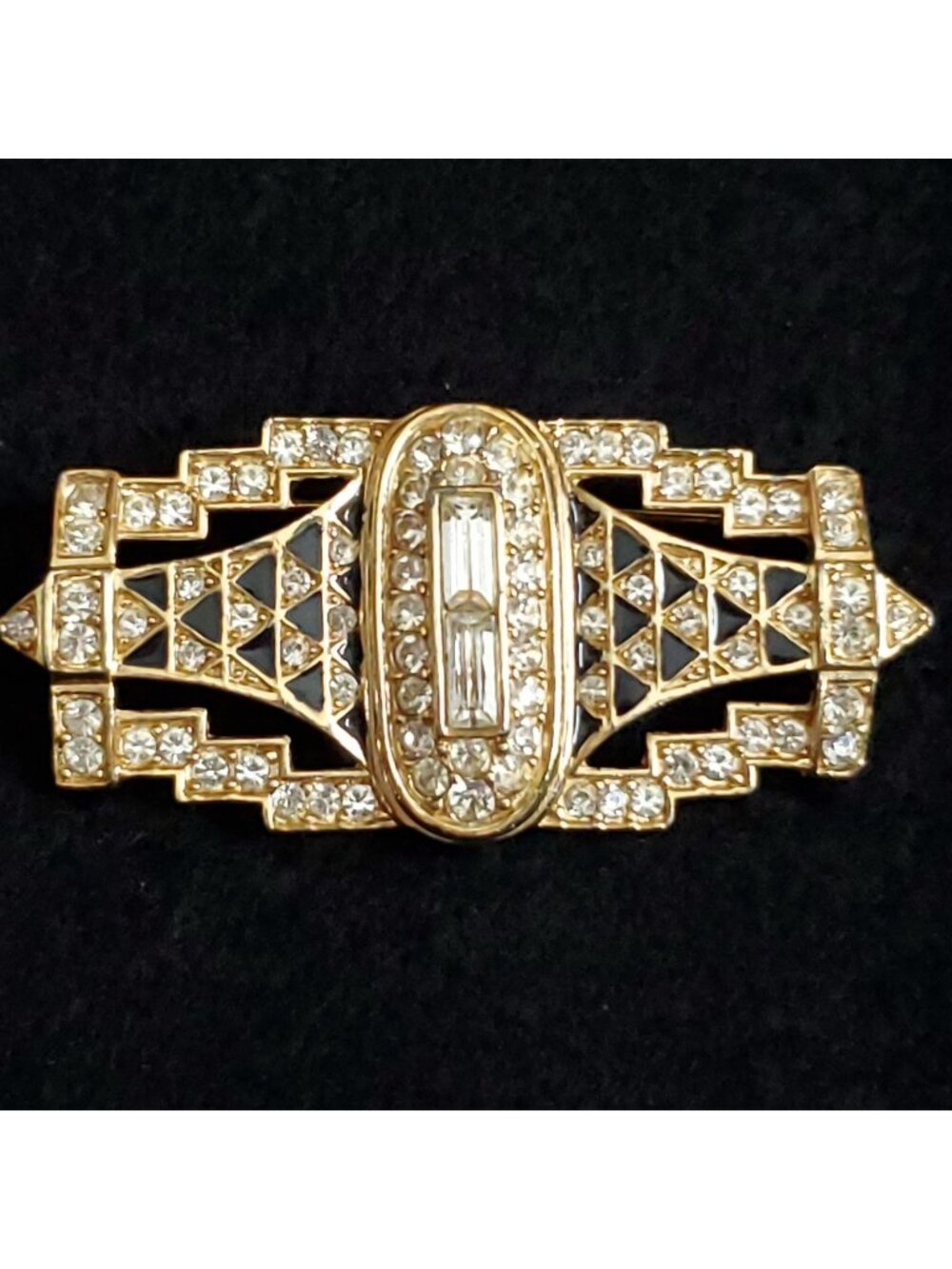 Vintage Givenchy Brooch Art Deco Revival Rhinestone Gold Tone 2.25"